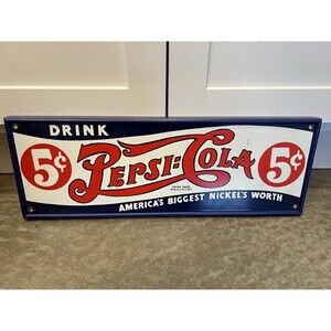 Vintage Andy Rooney Porcelain Enameled Pepsi-Cola 5 Cents Metal Sign Framed